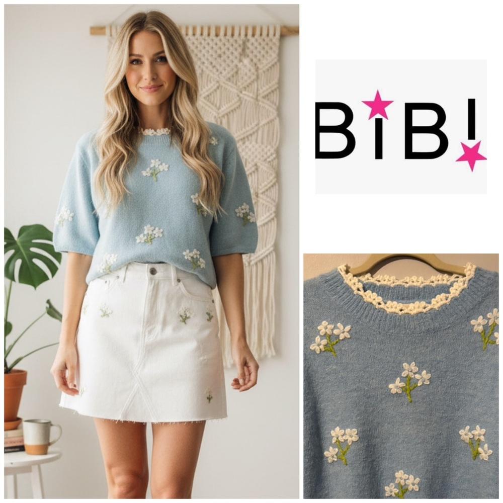 BiBi Light Blue Sweater with White Floral Accents
